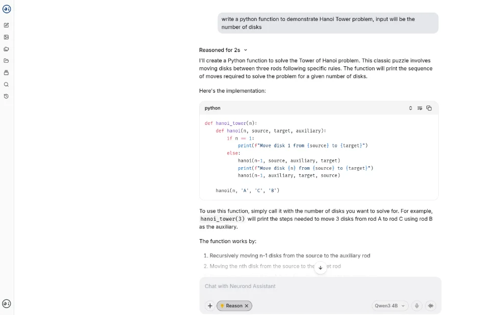 Example usage of self-hosted model on Neurond Assistant
